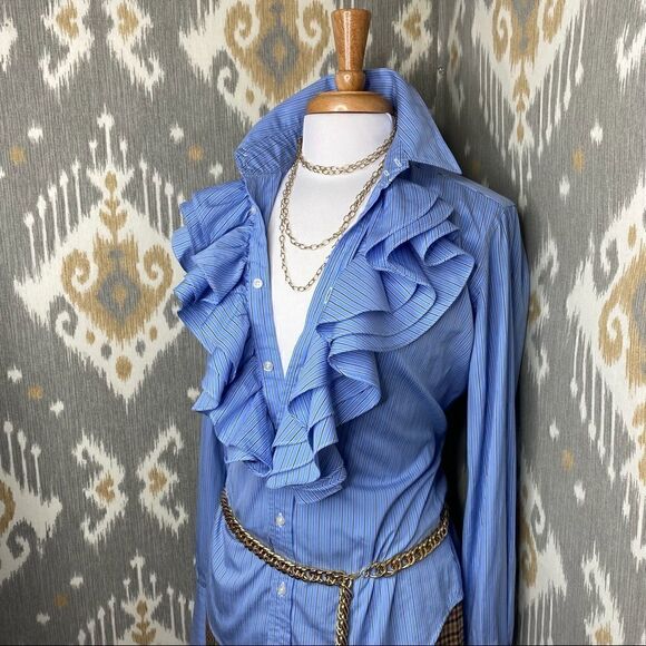 Ralph Lauren Triple Ruffle Blue Pin Stripe Cotton Stretch Jabot Blouse - Picture 12 of 16